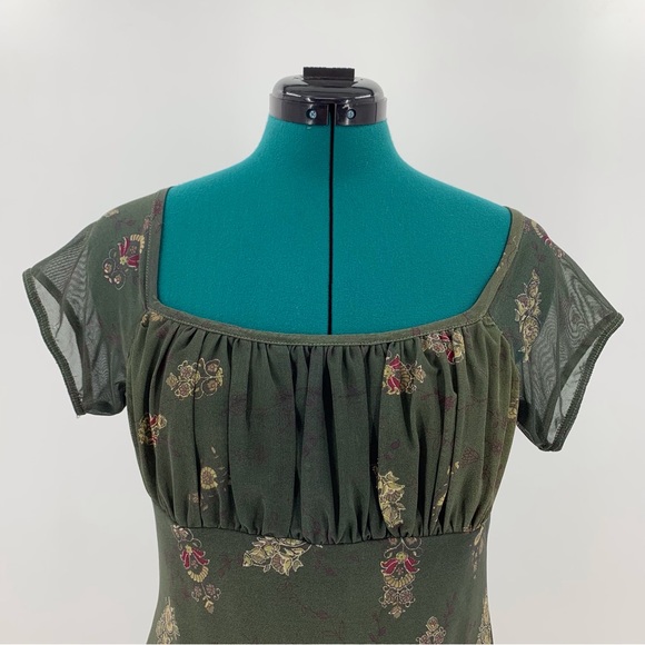 Scarlet Green and Sparkly Gold Paisley Cap Sleeve Ruched Bust Dress, 7 DAMAGED - Picture 2 of 16